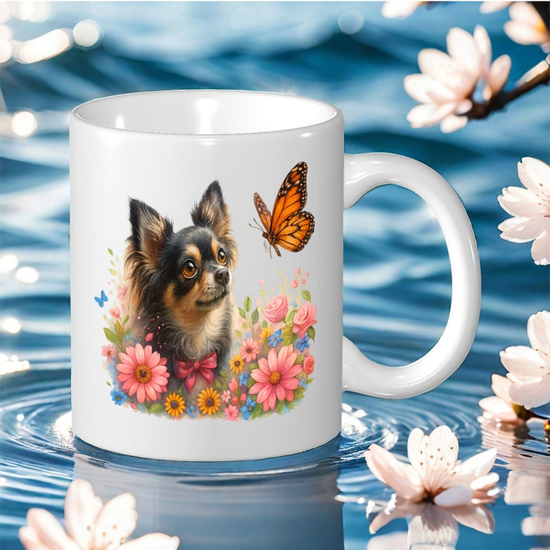 Tailorly White Ceramic 11 oz Mug - small long haired figure with floral butterflies