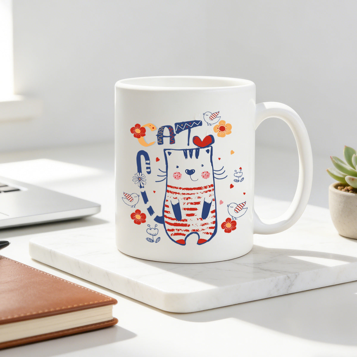 Tailorly White Ceramic 11 oz Mug - striped cat with whimsical floral bird graphic