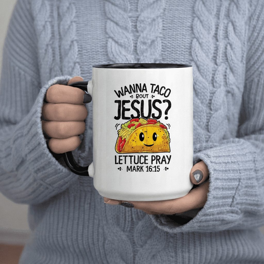 Tailorly Black Accent 11 oz Mug - Lettuce Pray Mark 16 15 Design