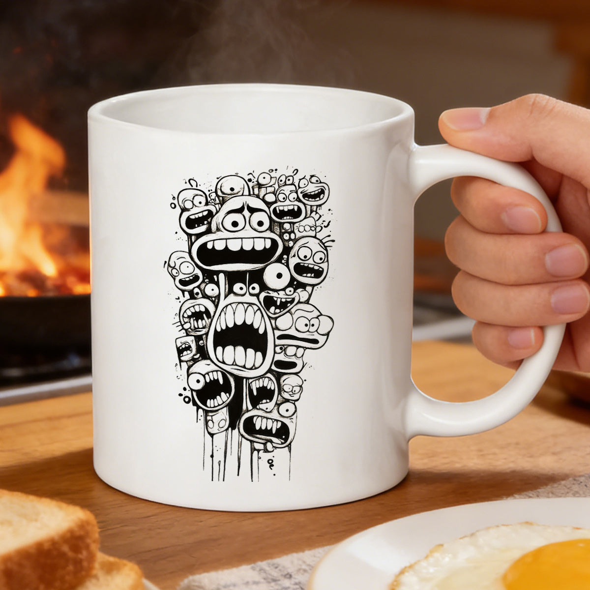 Tailorly White Ceramic 11 oz Mug - screaming faces cartoon design