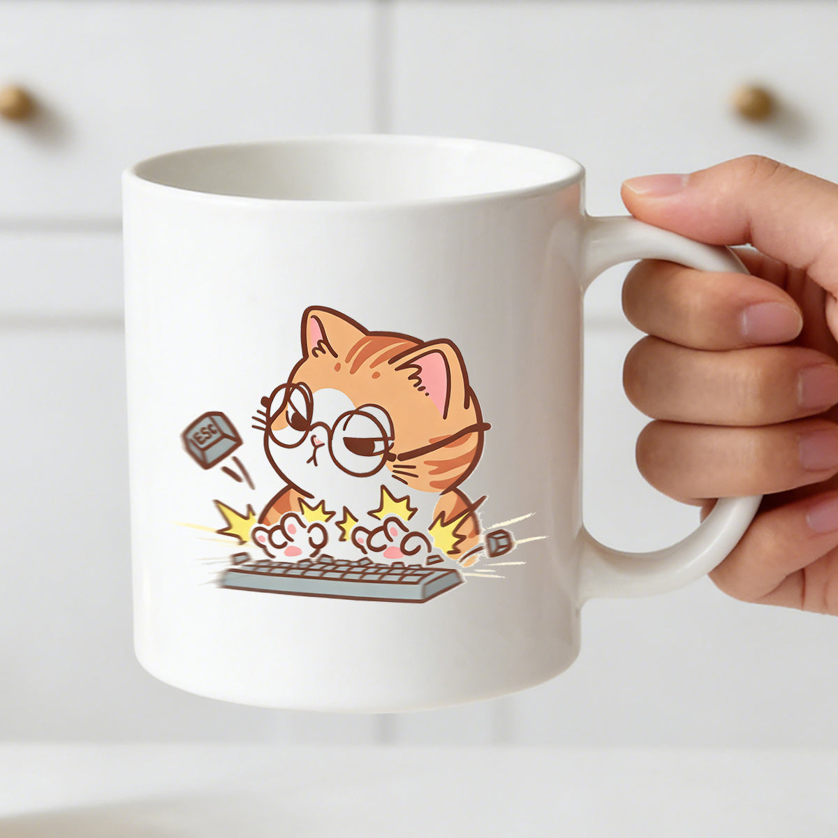 Tailorly White Ceramic 11 oz Mug - typing on a keyboard with an esc key