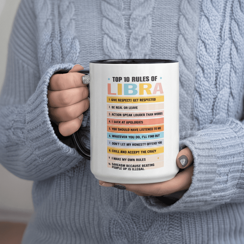 Tailorly Black Accent 11 oz Mug - Top 10 Rules of Libra Give Action Speaks 11Oz Printed Ceramic Mug Food Grade Ceramic 11Oz Capacity (325Ml)
