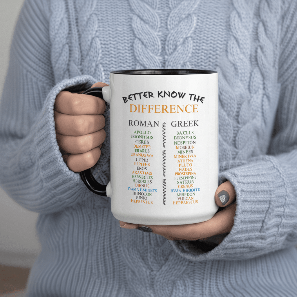 Tailorly Black Accent 11 oz Mug - Roman Mythology Comparison Chart