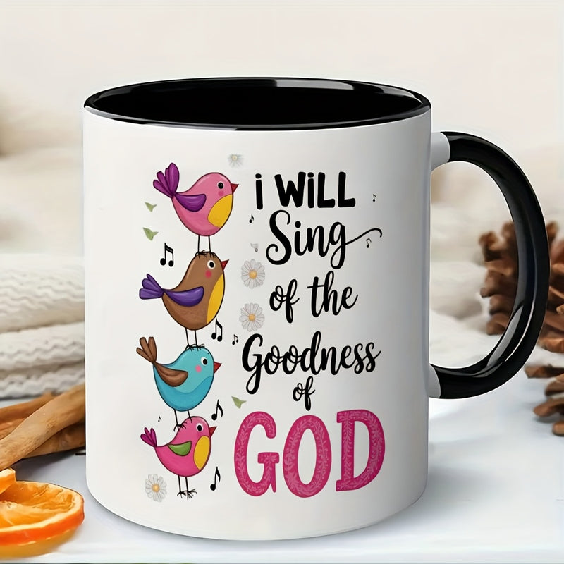 Tailorly Black Accent 11 oz Mug - colorful birds and inspirational words about gods