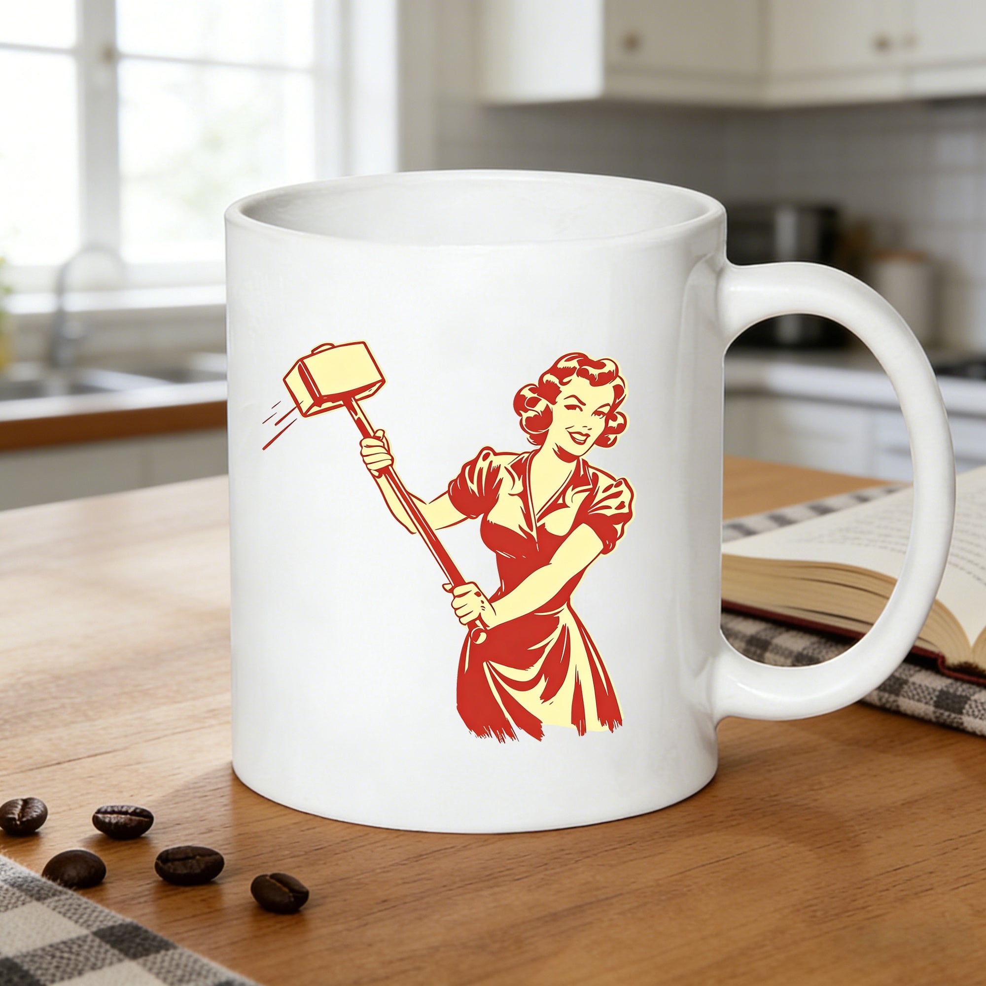 Tailorly White Ceramic 11 oz Mug - woman vintage red yellow pin print coffee cup gift for art fans empowering