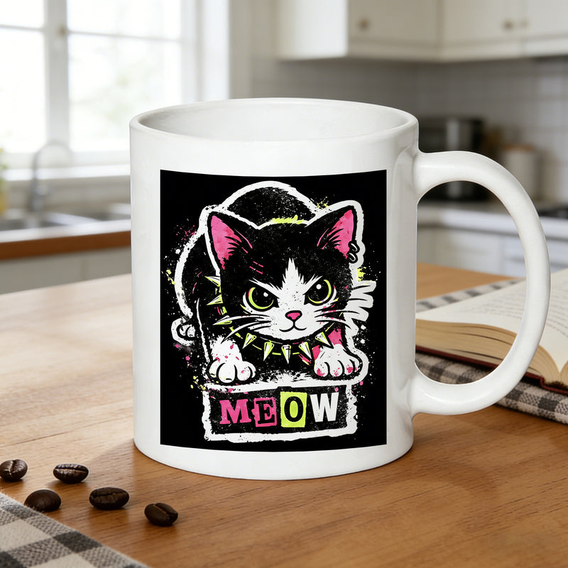 Tailorly White Ceramic 11 oz Mug - punk rock cat with spiked collar