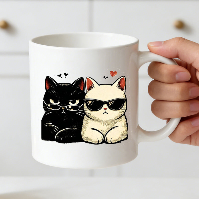Tailorly White Ceramic 11 oz Mug - cool black and with glasses retro couple design stylish gift for cat lovers