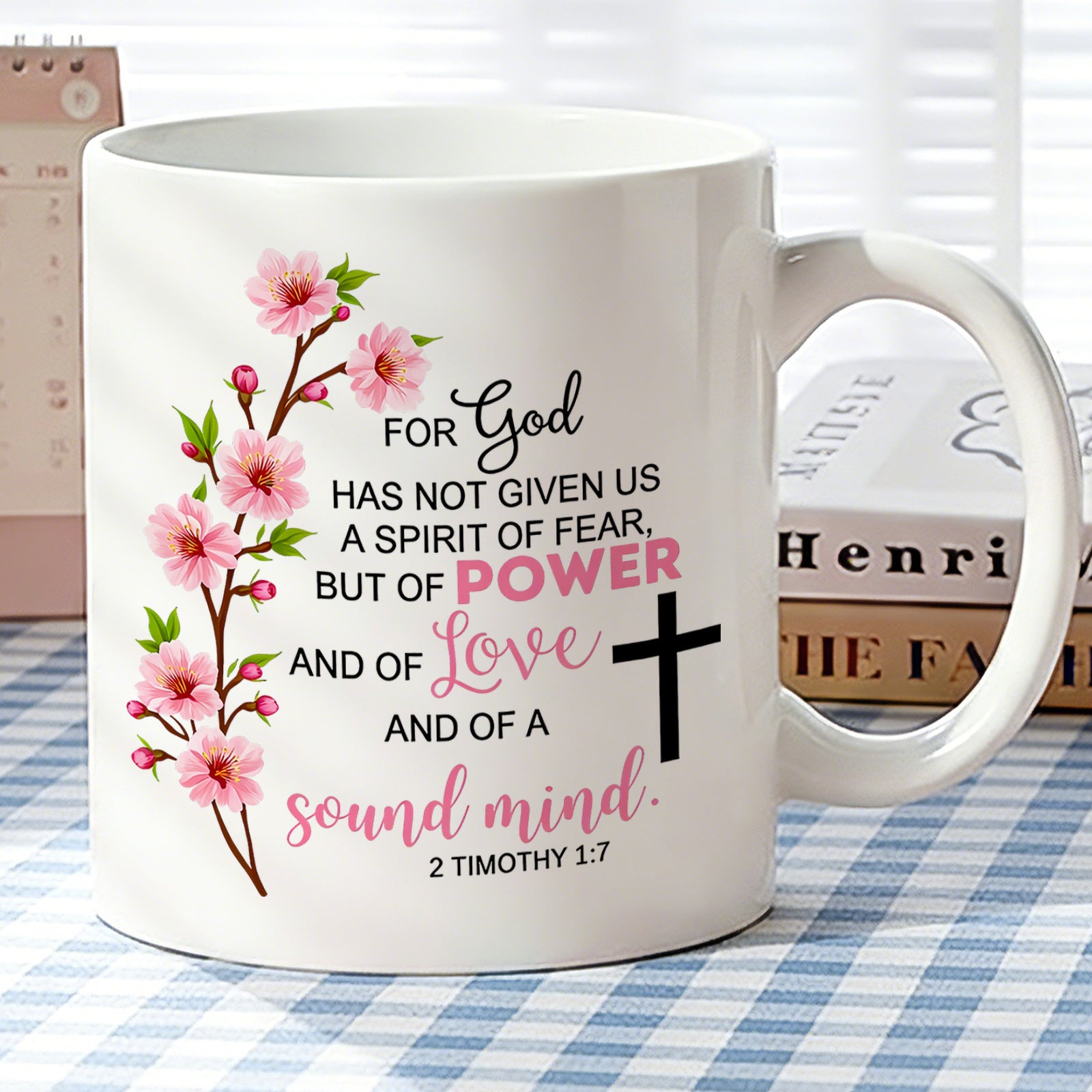 Tailorly White Ceramic 11 oz Mug - 1 1 7 and a floral cross design