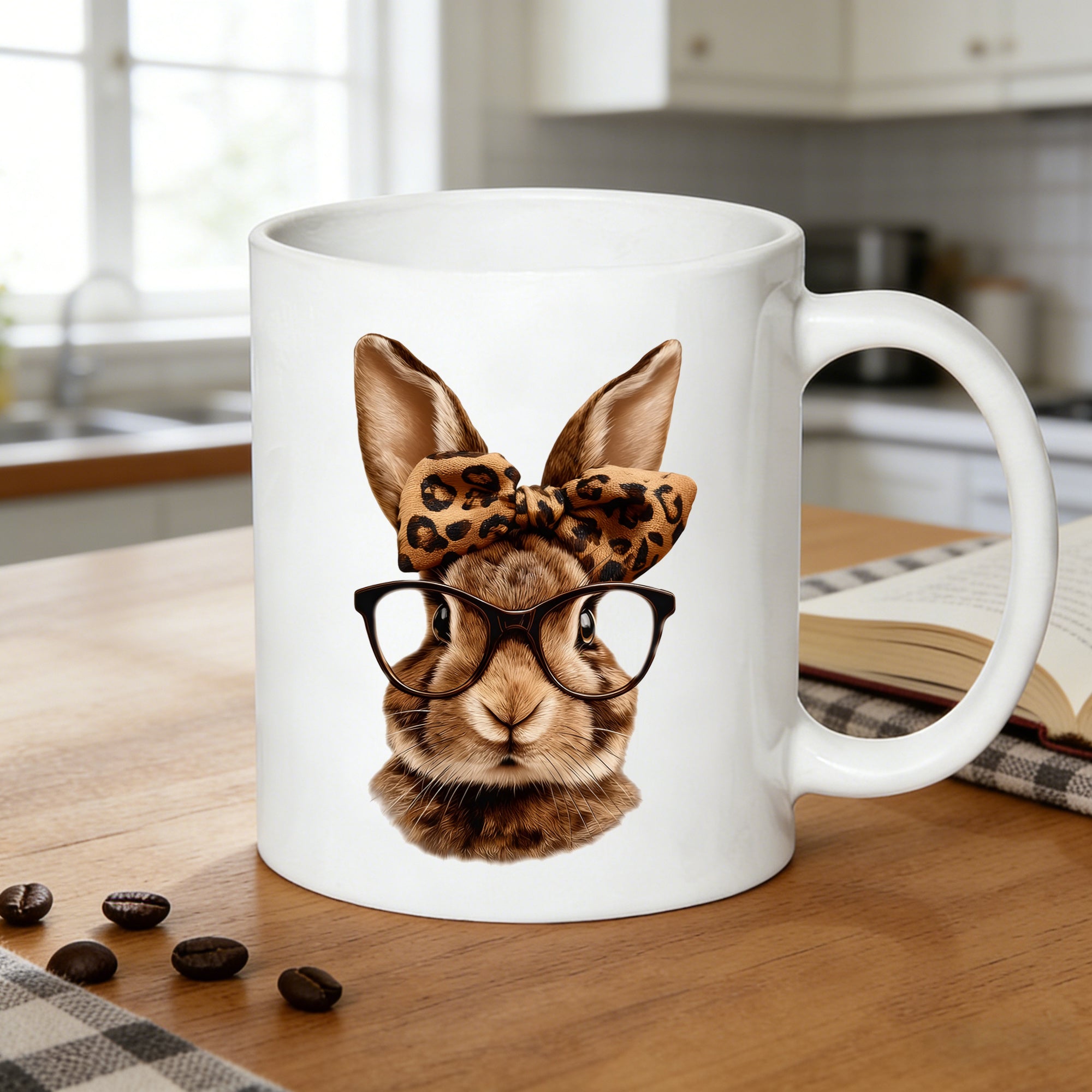 Tailorly White Ceramic 11 oz Mug - rabbit with leopard print bow and glasses