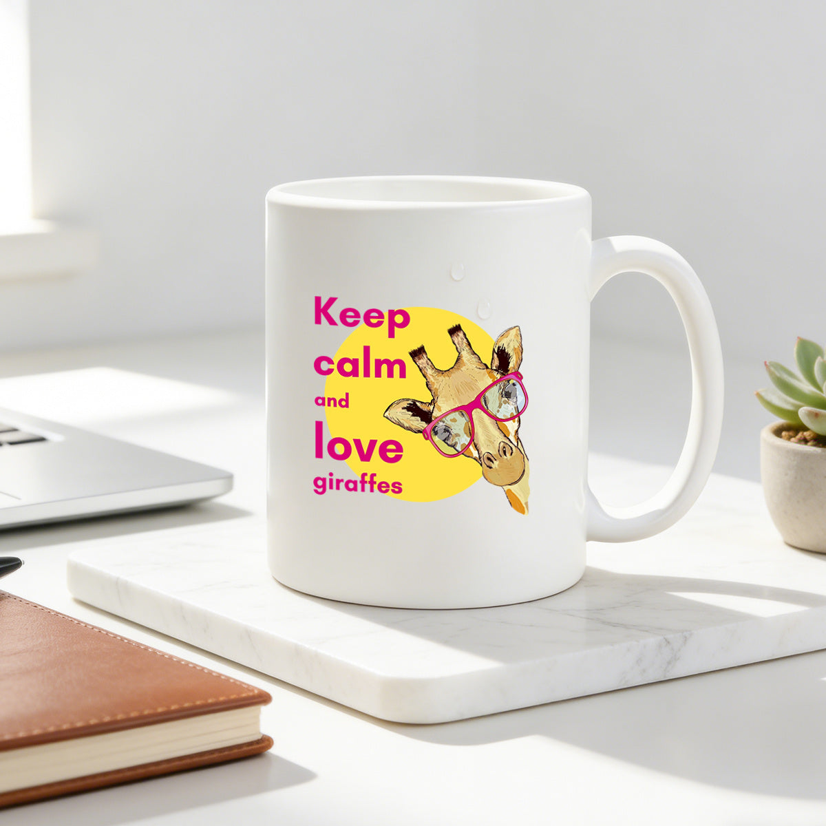Tailorly White Ceramic 11 oz Mug - cute giraffe with pink glasses
