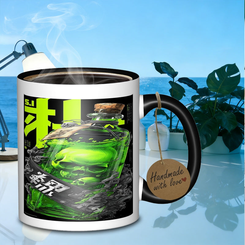 Tailorly Black Accent 11 oz Mug - green skull poison bottles