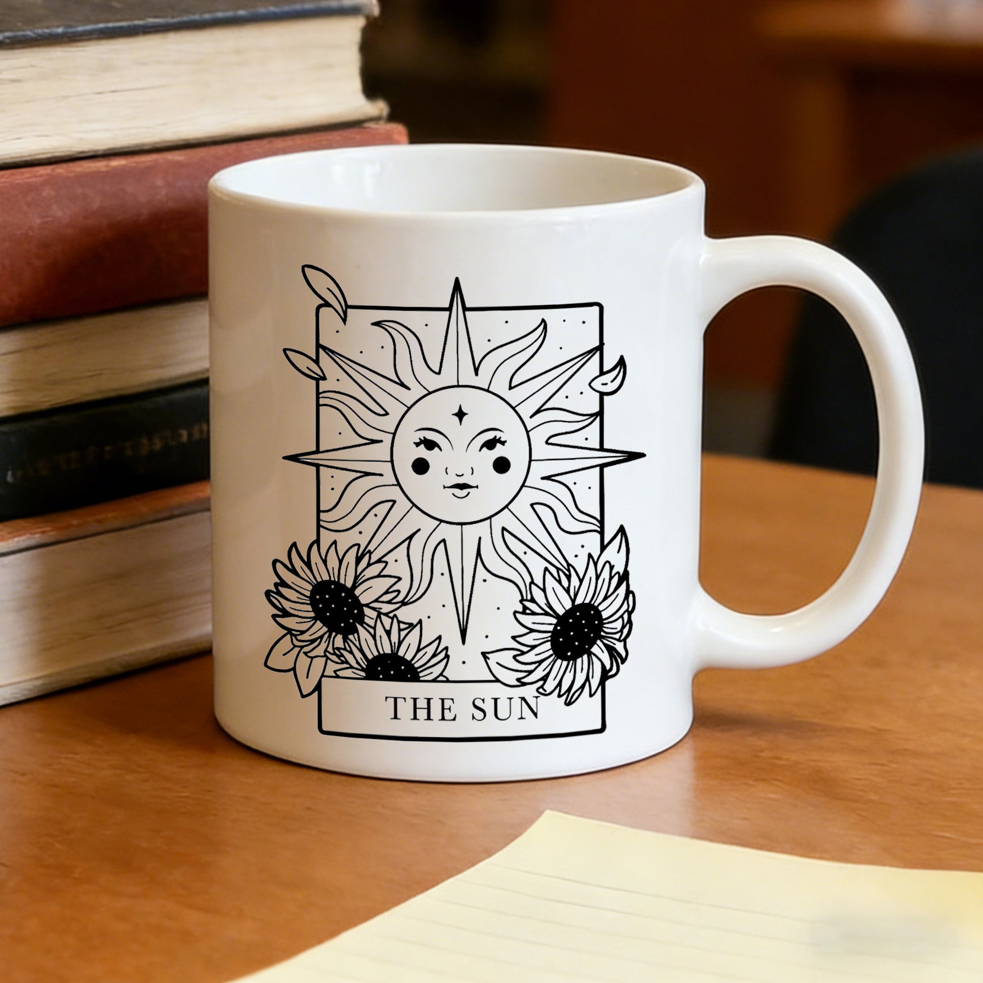 Tailorly White Ceramic 11 oz Mug - bohemian sun and sunflower