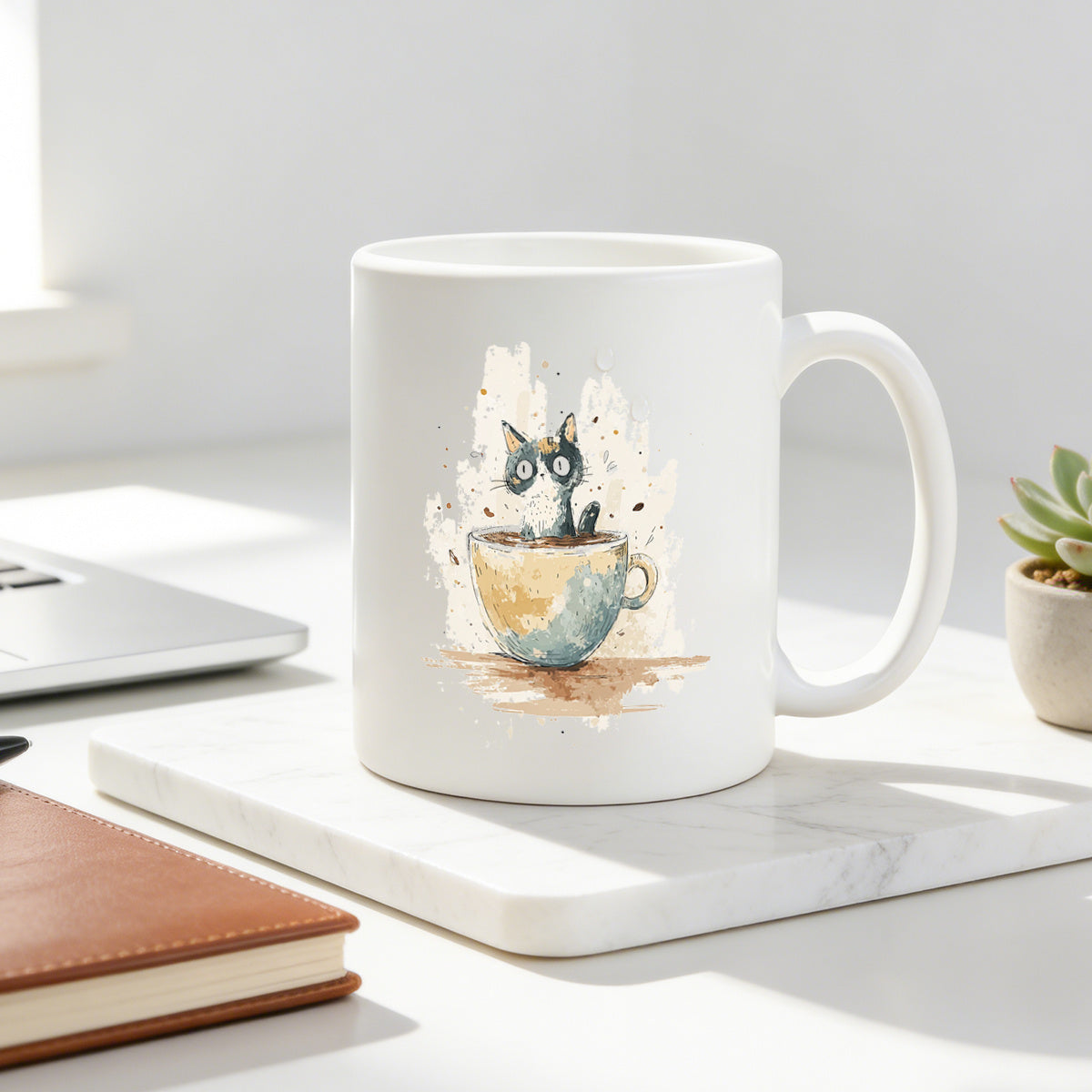 Tailorly White Ceramic 11 oz Mug - watercolor cat in coffee cup