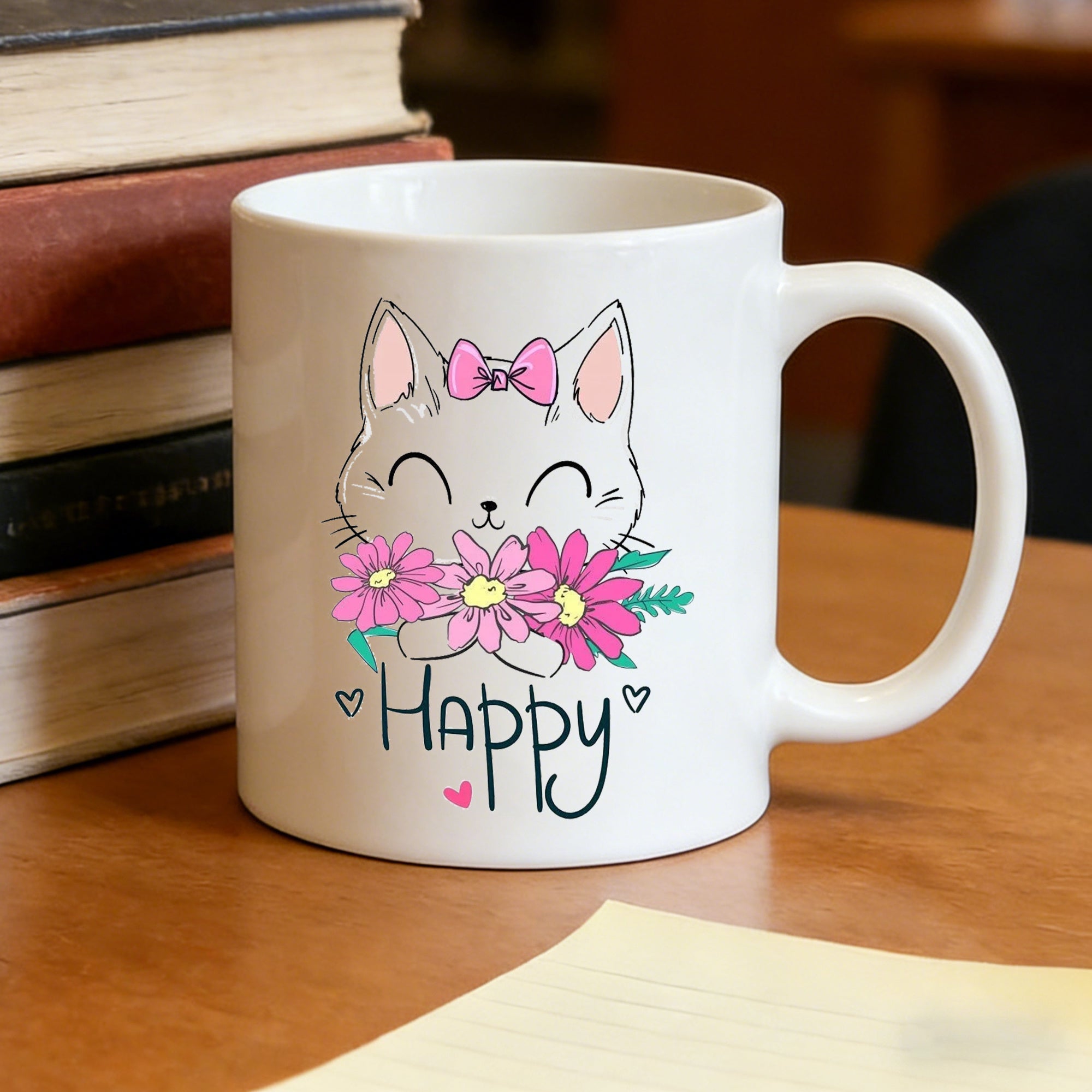 Tailorly White Ceramic 11 oz Mug - white cat with pink bow