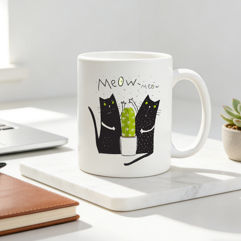 Tailorly White Ceramic 11 oz Mug - black cats cactus whimsical cat print