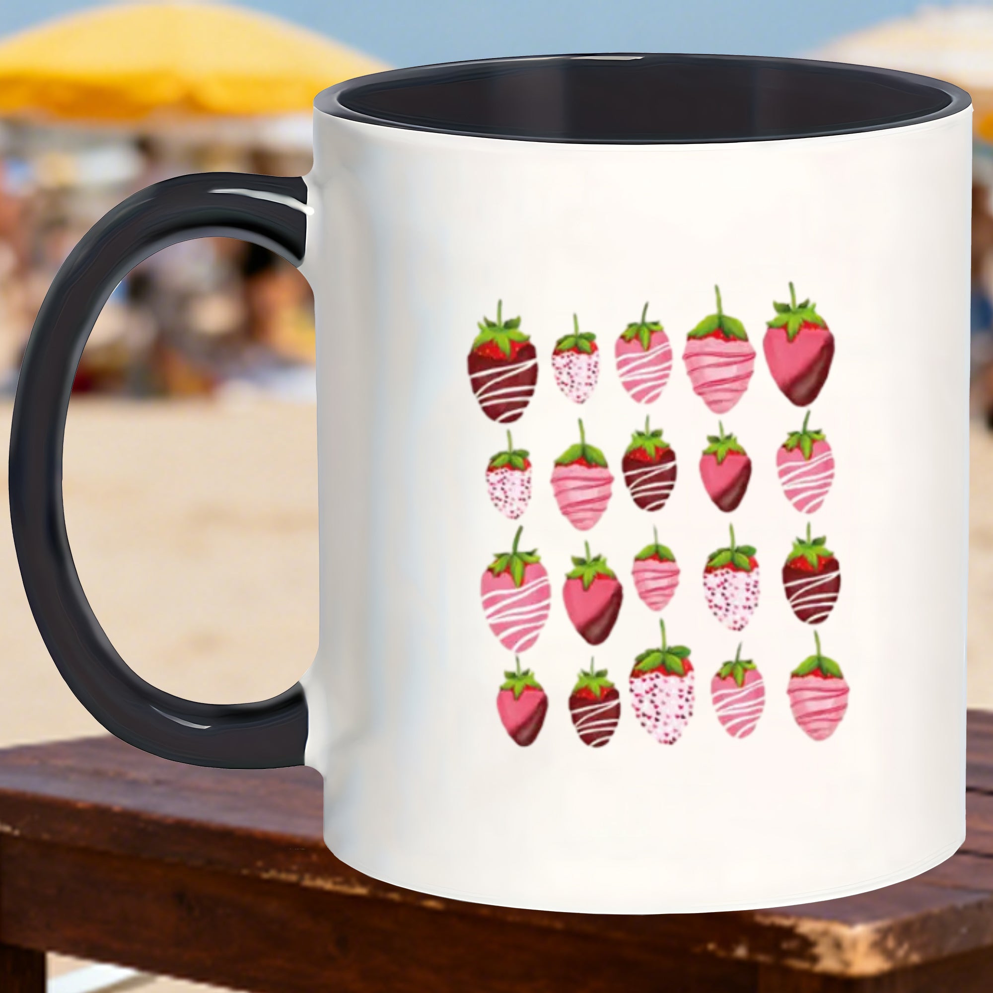 Tailorly Black Accent 11 oz Mug - strawberry pattern