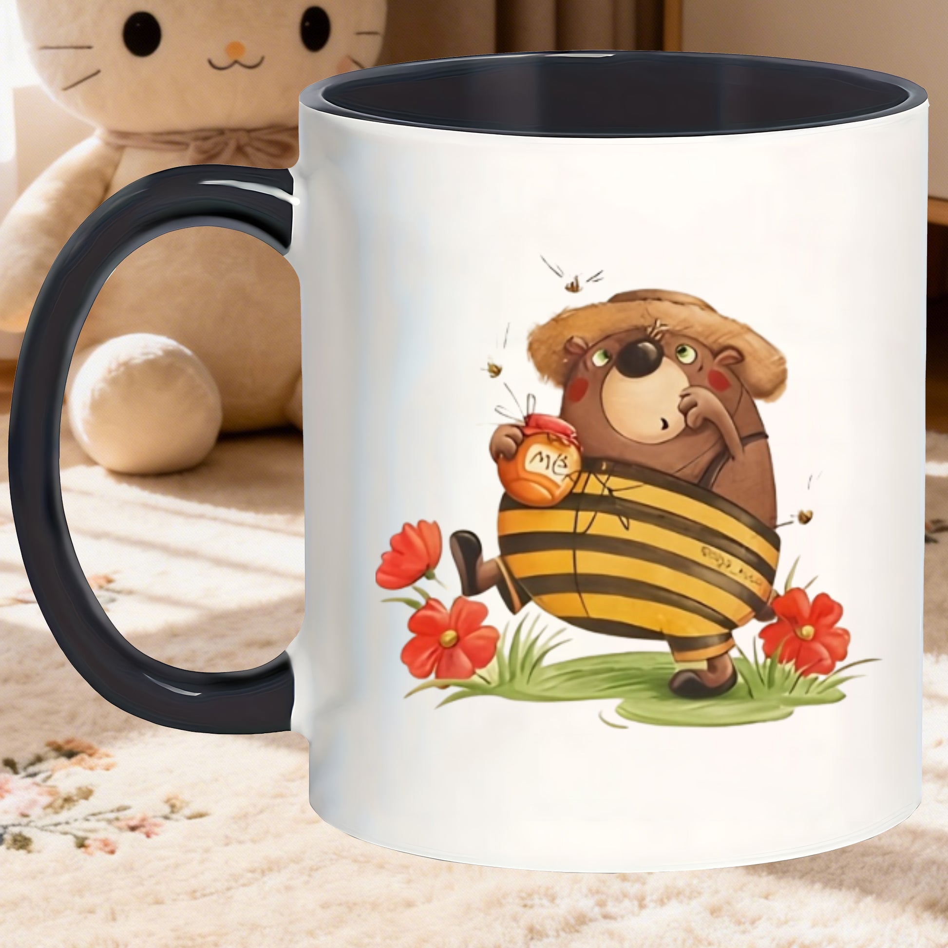Tailorly Black Accent 11 oz Mug - cute bee shaped coffee mug with lid novelty cup of stinging bee charms post production funny birthday gifts for