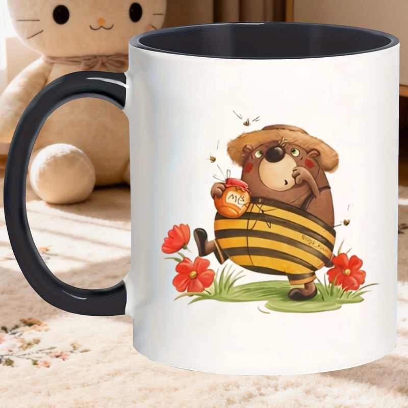 Tailorly Black Accent 11 oz Mug - cute bee shaped coffee mug with lid novelty cup of stinging bee charms post production funny birthday gifts for