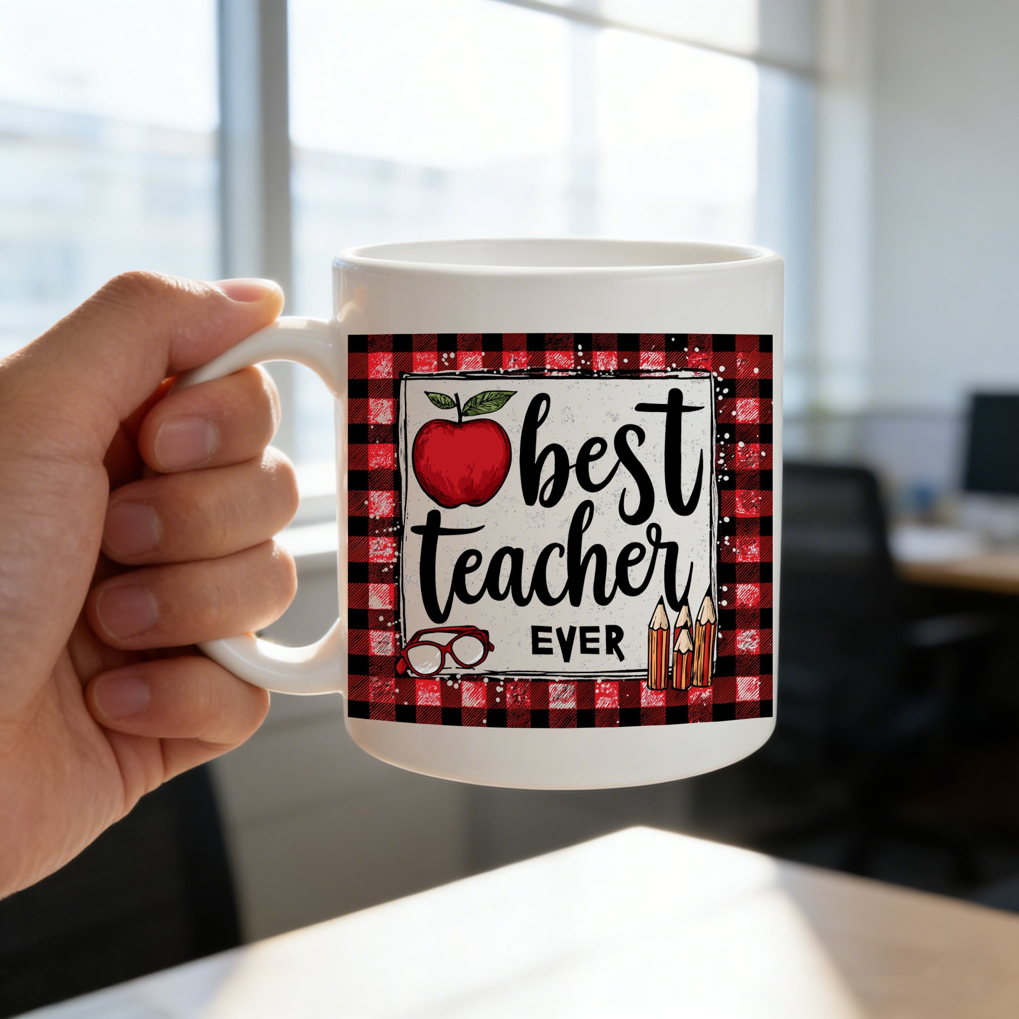 Tailorly White Ceramic 11 oz Mug - red design with "best teacher" text