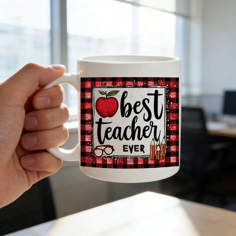 Tailorly White Ceramic 11 oz Mug - red design with "best teacher" text