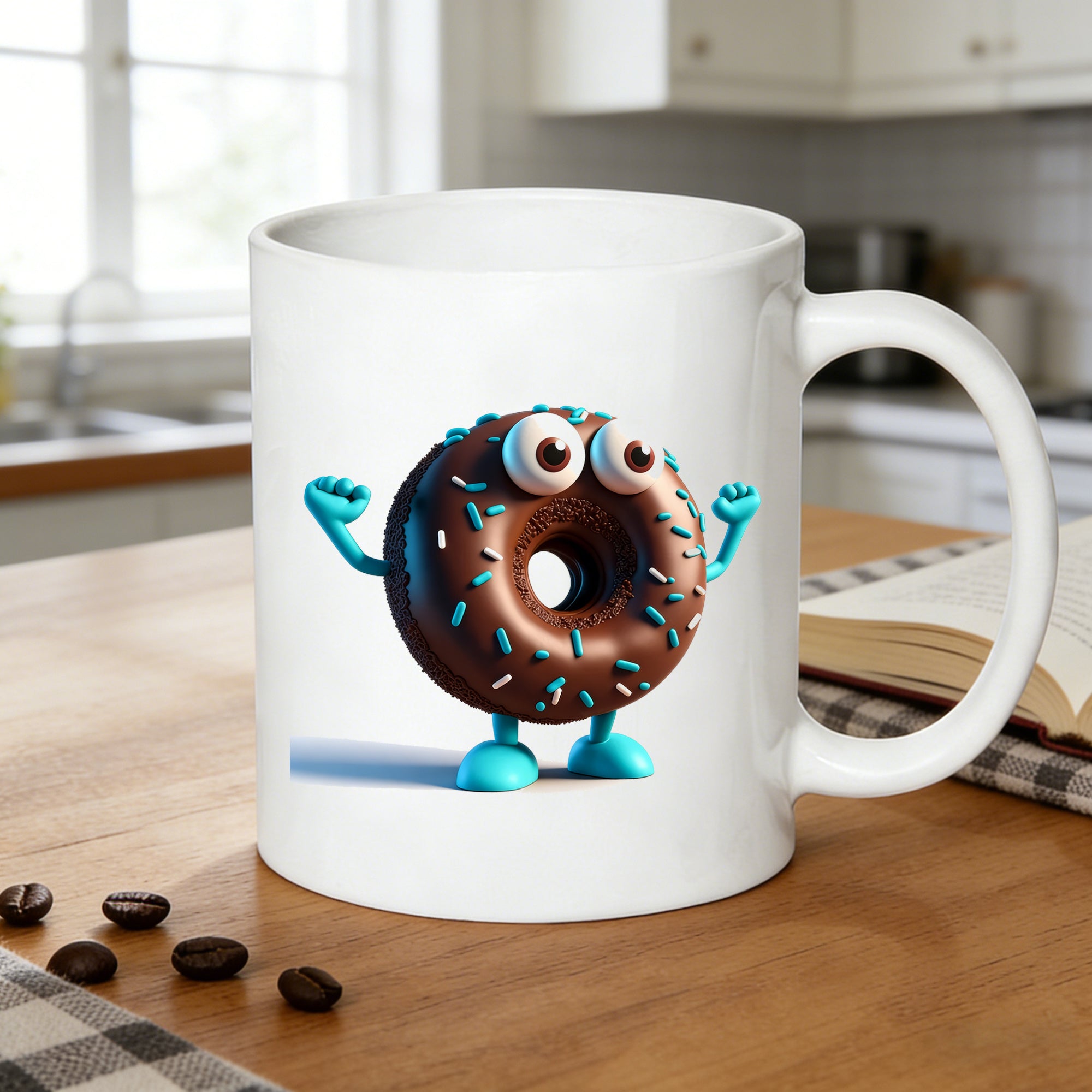Tailorly White Ceramic 11 oz Mug - chocolate donut cartoon doughnut with sprinkles