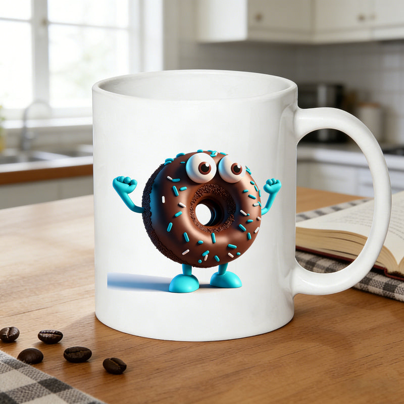 Tailorly White Ceramic 11 oz Mug - chocolate donut cartoon doughnut with sprinkles