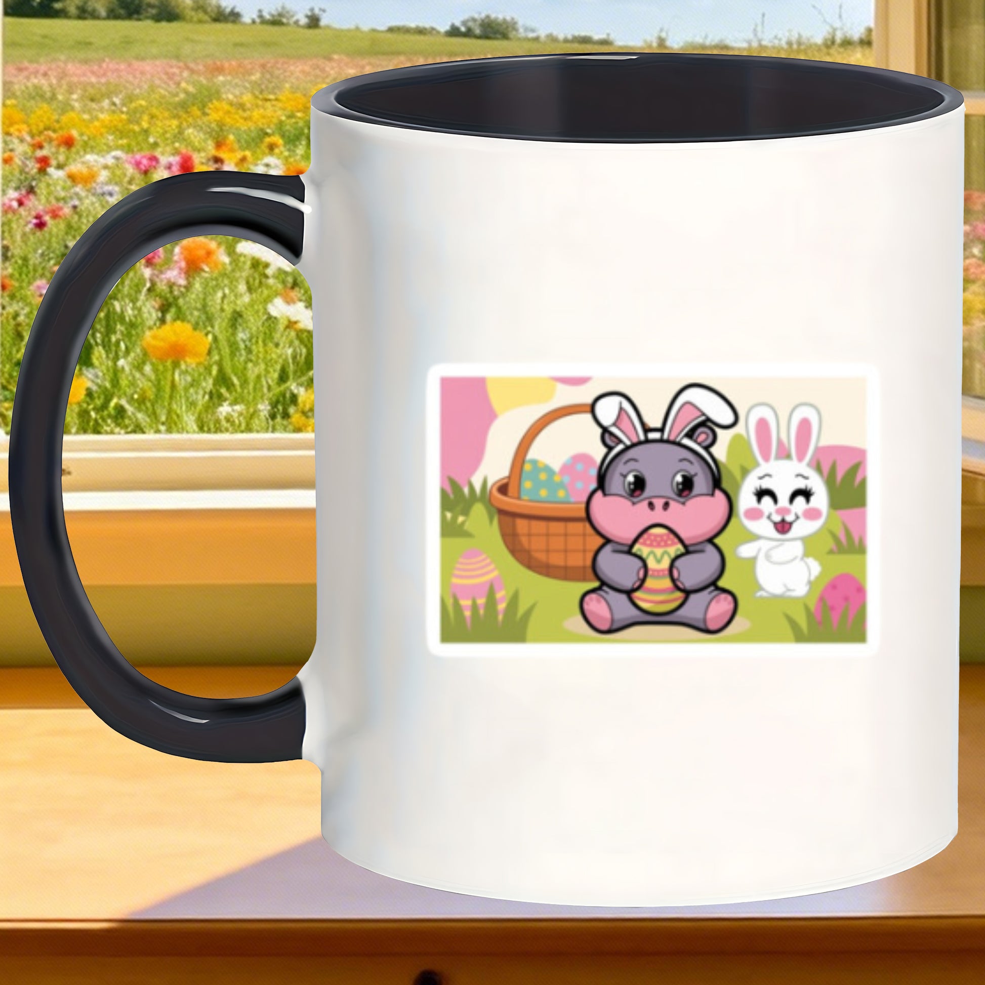 Tailorly Black Accent 11 oz Mug - sturdy ceramic mugs that are safe for microwave use featuring a whimsical easter hippo design holiday cider or