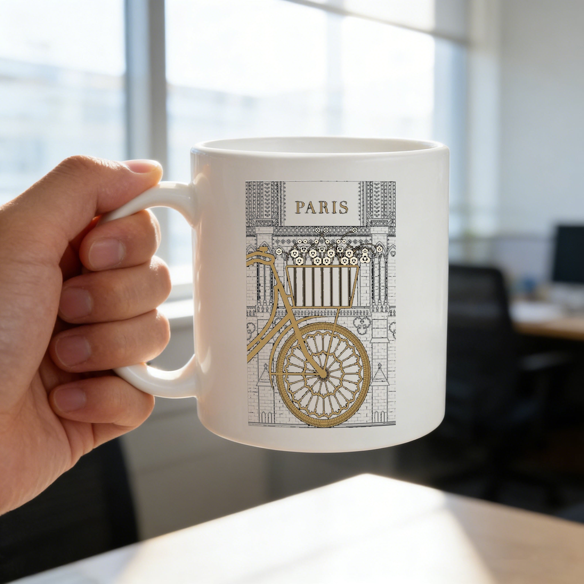 Tailorly White Ceramic 11 oz Mug - vintage bicycle and cathedral
