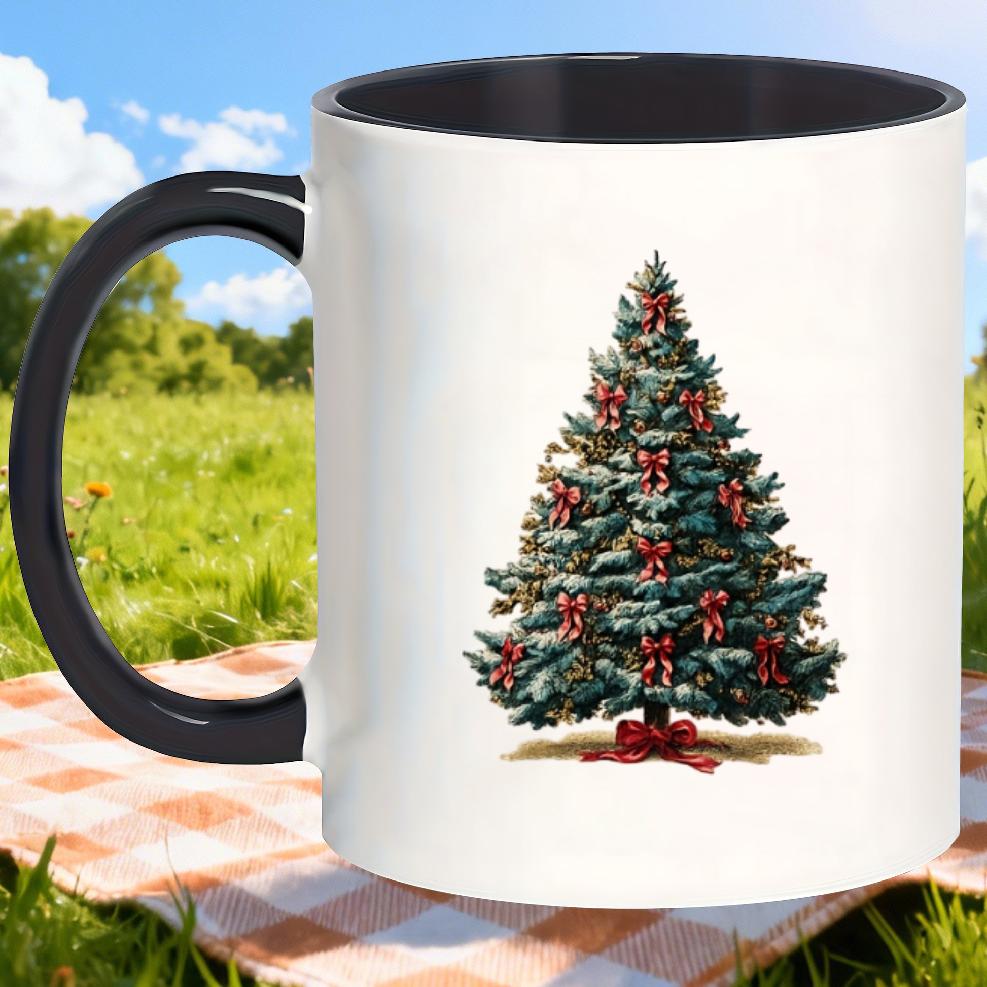 Tailorly Black Accent 11 oz Mug - whimsical charm mug christmas tree with green golden bows