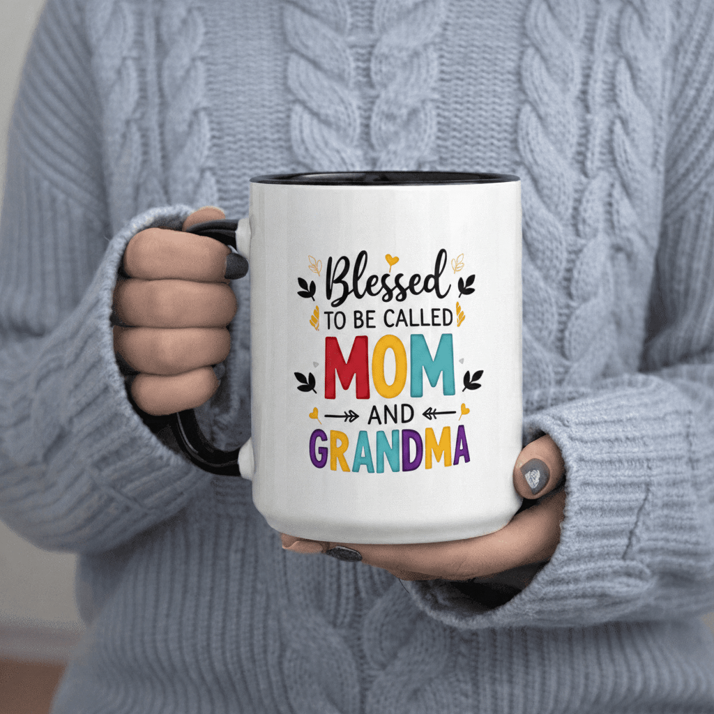 Tailorly Black Accent 11 oz Mug - Blessed to Be Mom And Grandma a Unique Gift
