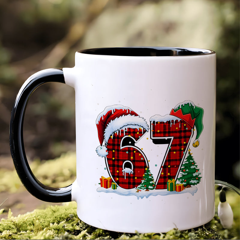 Tailorly Black Accent 11 oz Mug - christmas number 67 with santa elf hat snowy trees presents pattern
