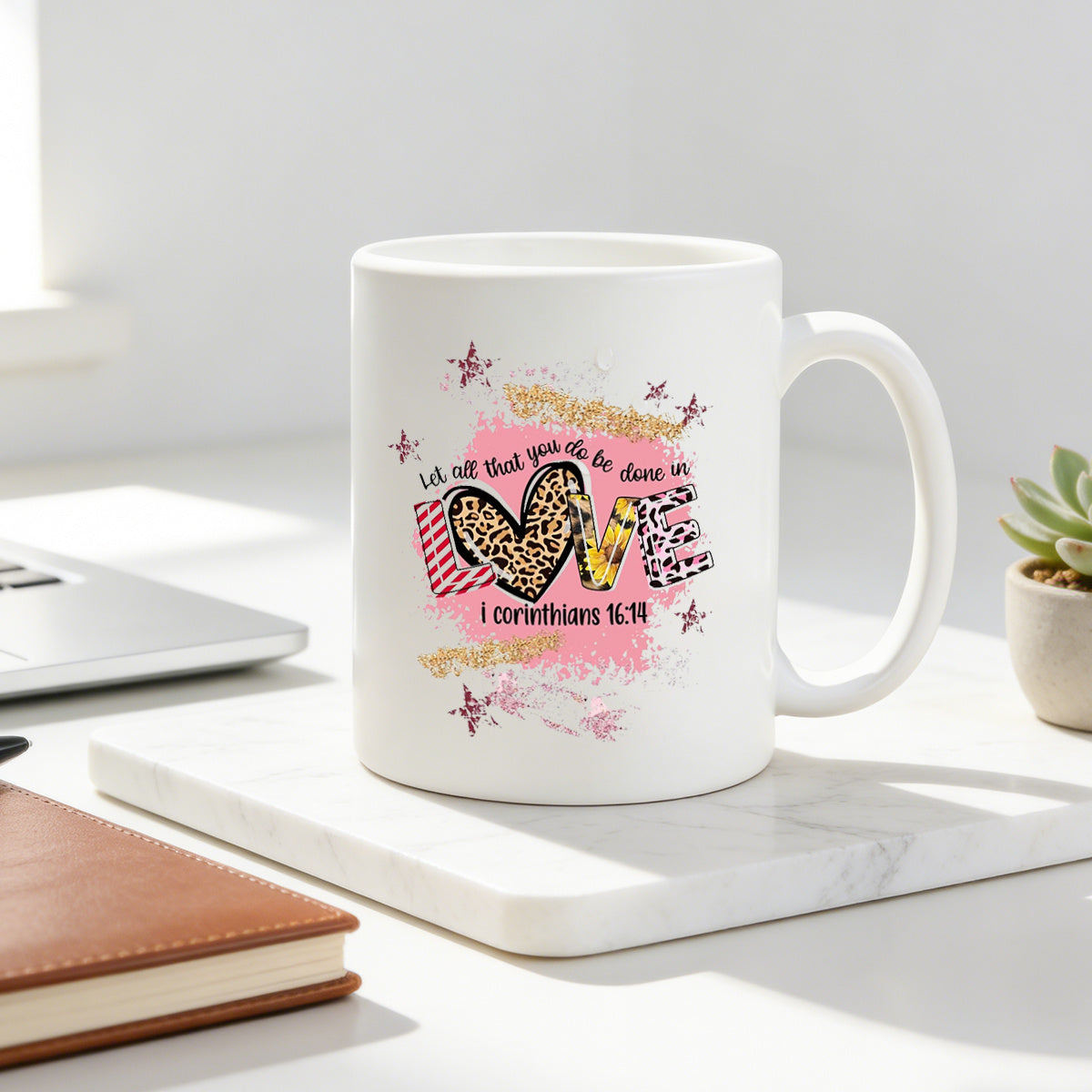 Tailorly White Ceramic 11 oz Mug - leopard print sunflower faith quote