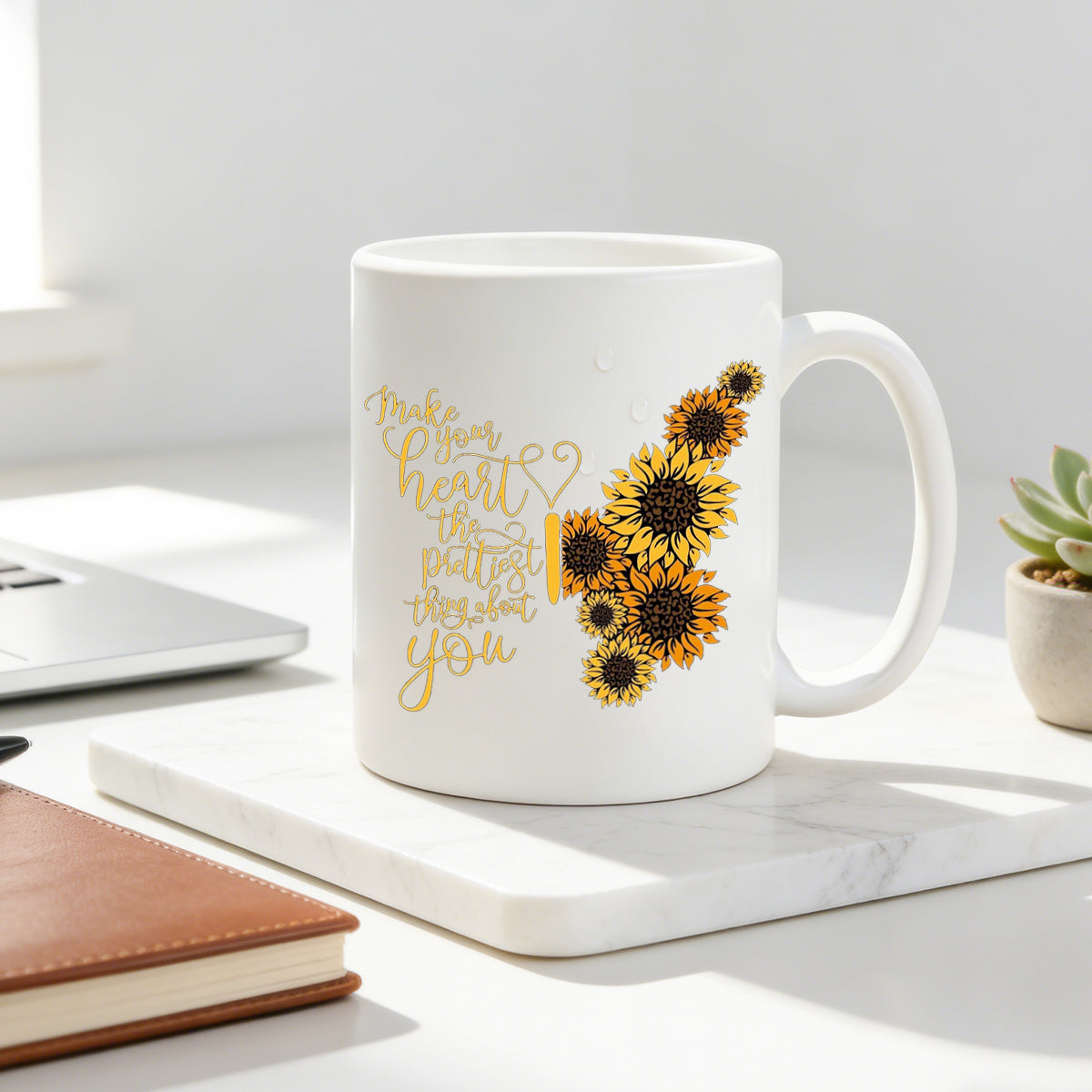 Tailorly White Ceramic 11 oz Mug - sunflower， boho floral， inspirational text， self love， positivity