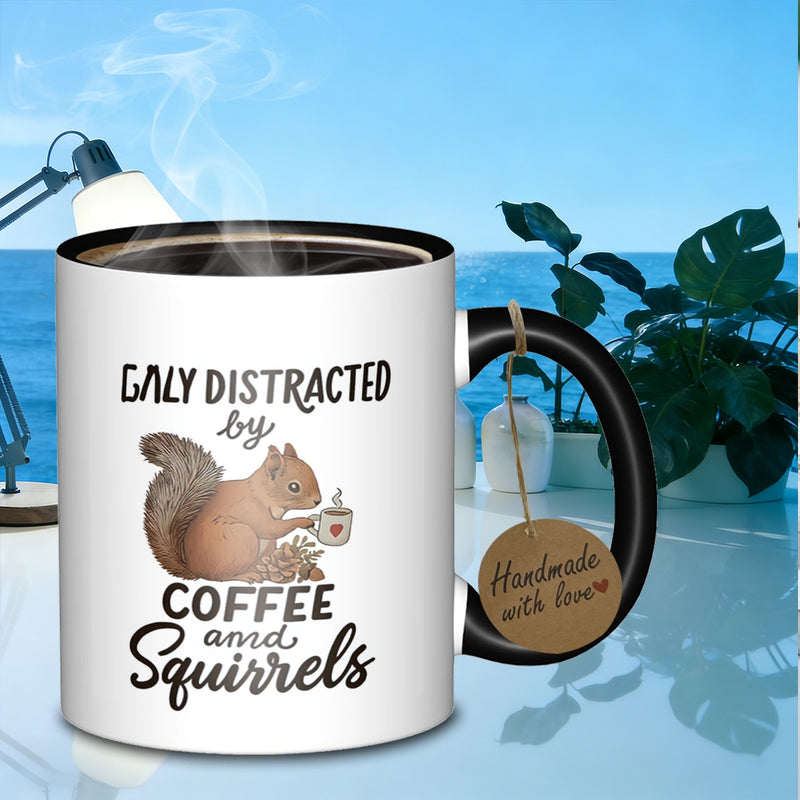 Tailorly Black Accent 11 oz Mug - squirrel with coffee
