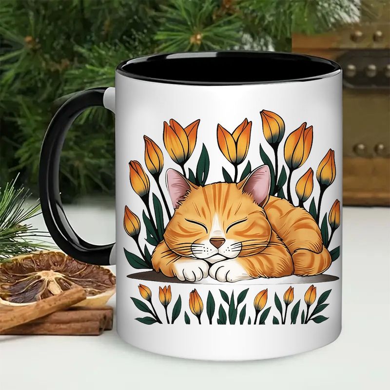 Tailorly Black Accent 11 oz Mug - cute ginger tabby kitten tulip sleeping tulip design