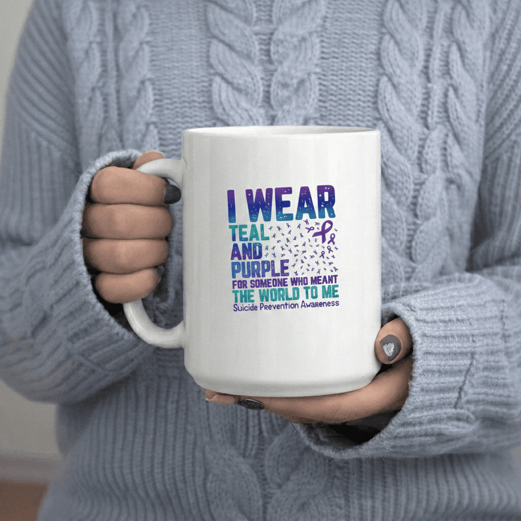 Tailorly White Ceramic 11 oz Mug - I Wear Teal and Purple for Who The World to Me Prevention Awareness