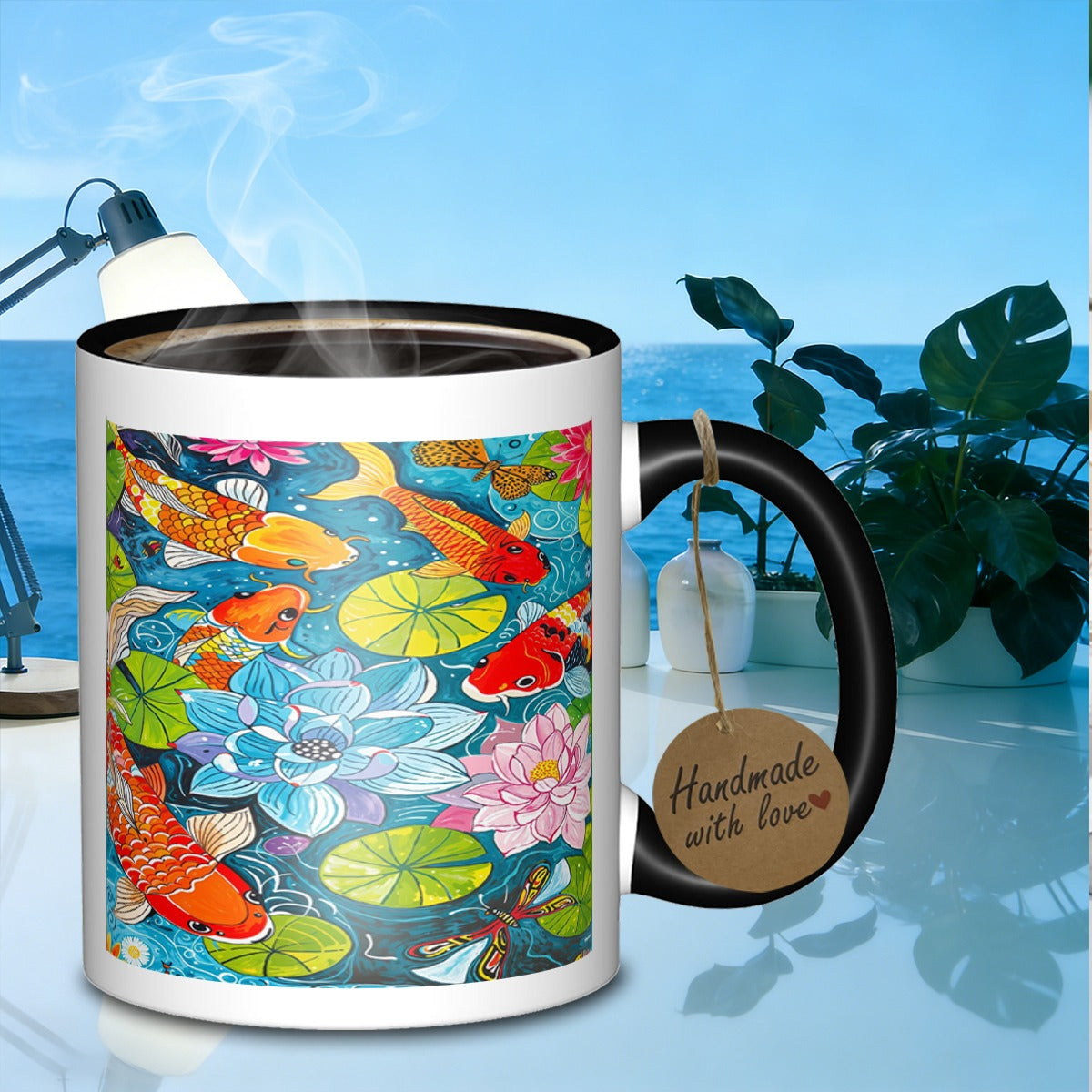 Tailorly Black Accent 11 oz Mug - koi and lotus pond