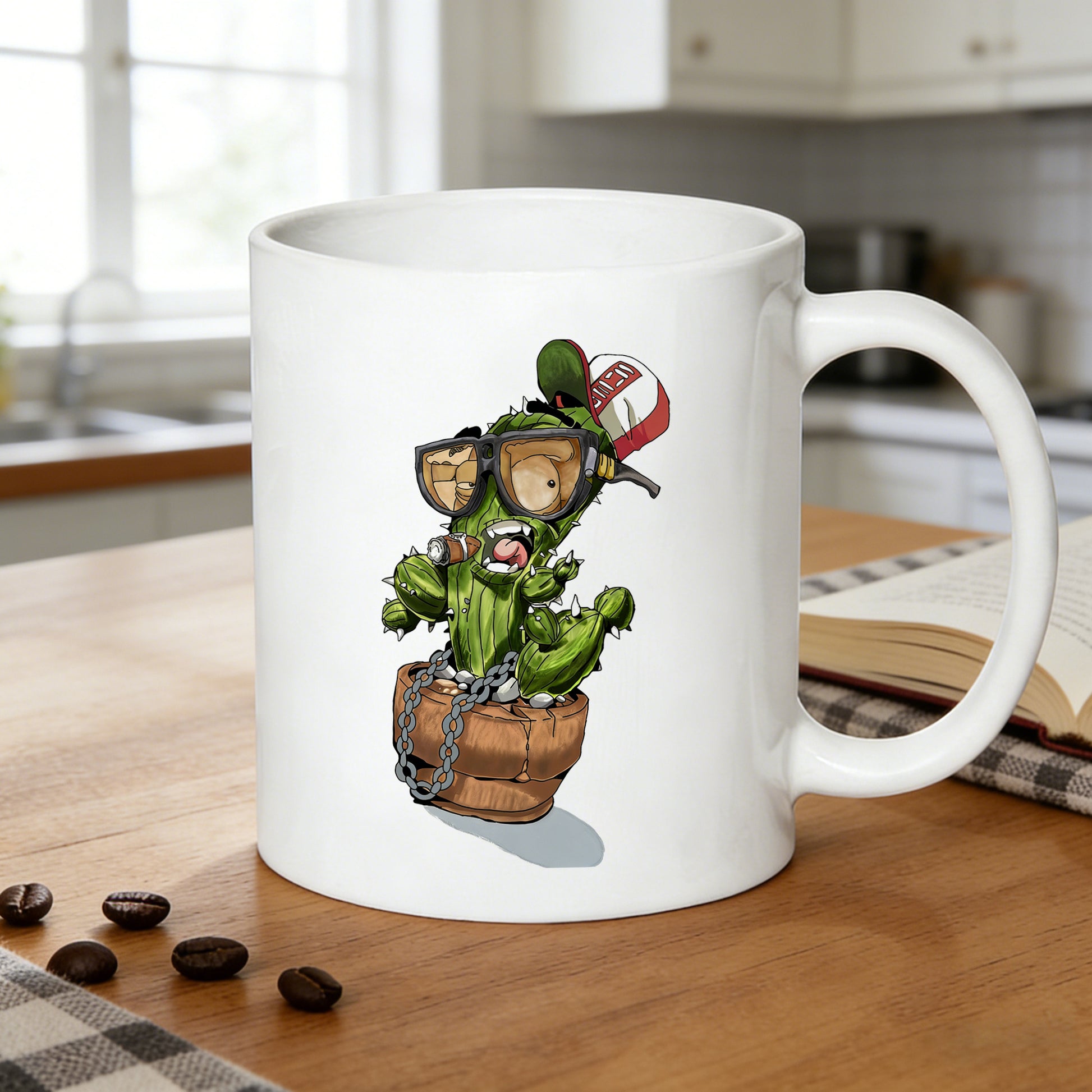 Tailorly White Ceramic 11 oz Mug - cactus with fashion glasses