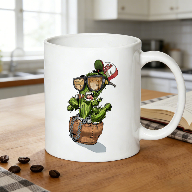 Tailorly White Ceramic 11 oz Mug - cactus with fashion glasses