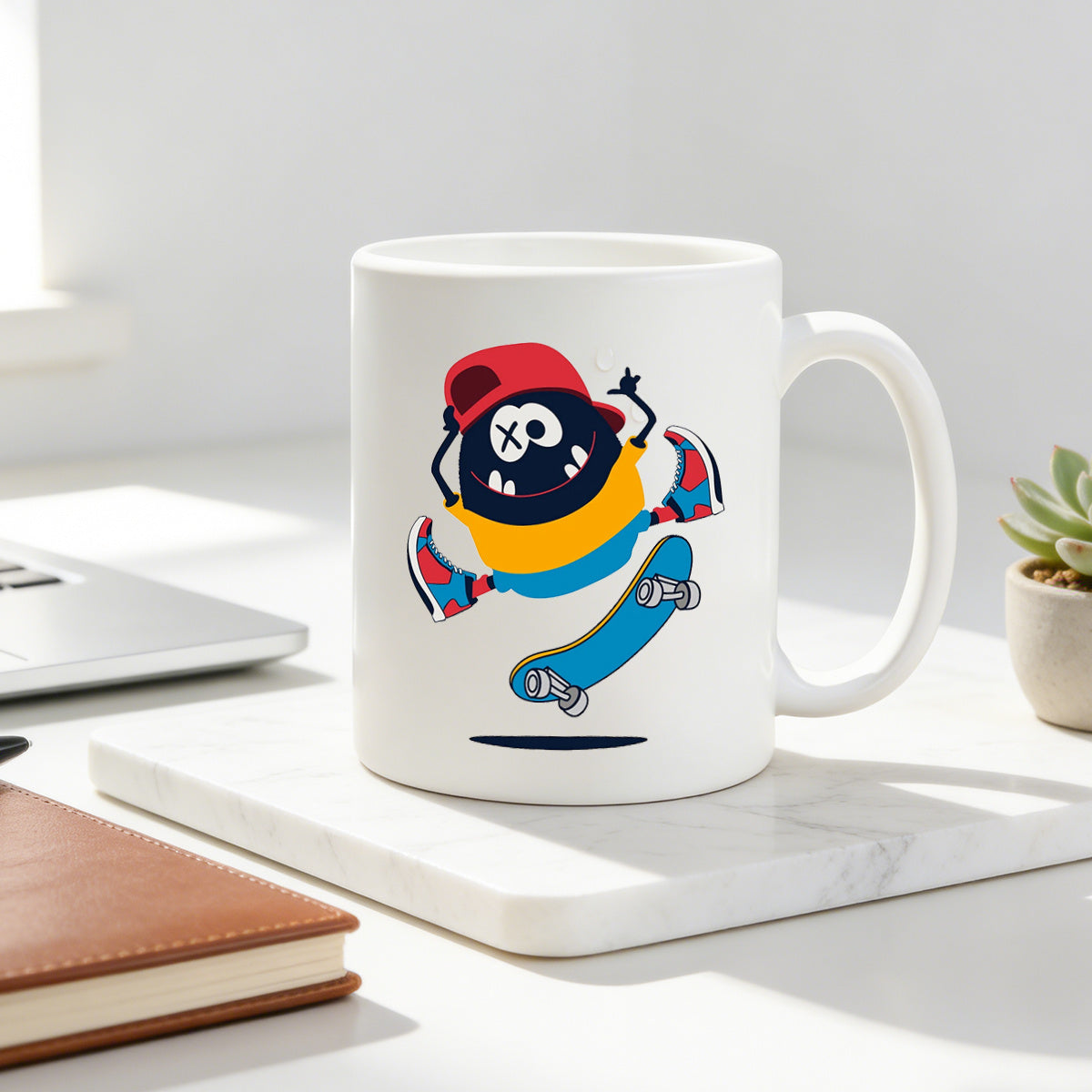Tailorly White Ceramic 11 oz Mug - cute cartoon monster on skateboard