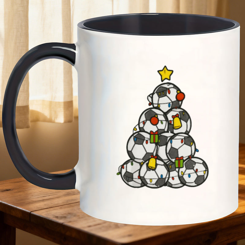 Tailorly Black Accent 11 oz Mug - christmas tree soccer ball themed