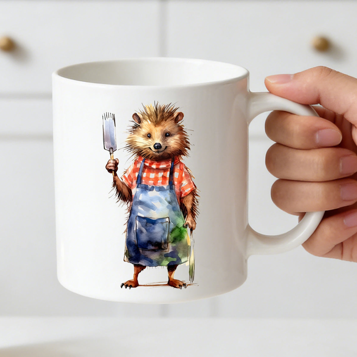 Tailorly White Ceramic 11 oz Mug - hedgehog watercolor design