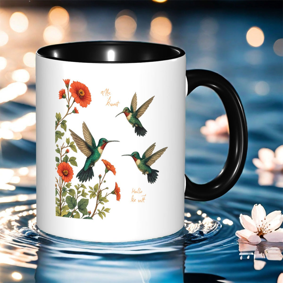 Tailorly Black Accent 11 oz Mug - a coffee cup with floral hummingbird design birthdays halloween holidays christmas and thanksgiving this durable