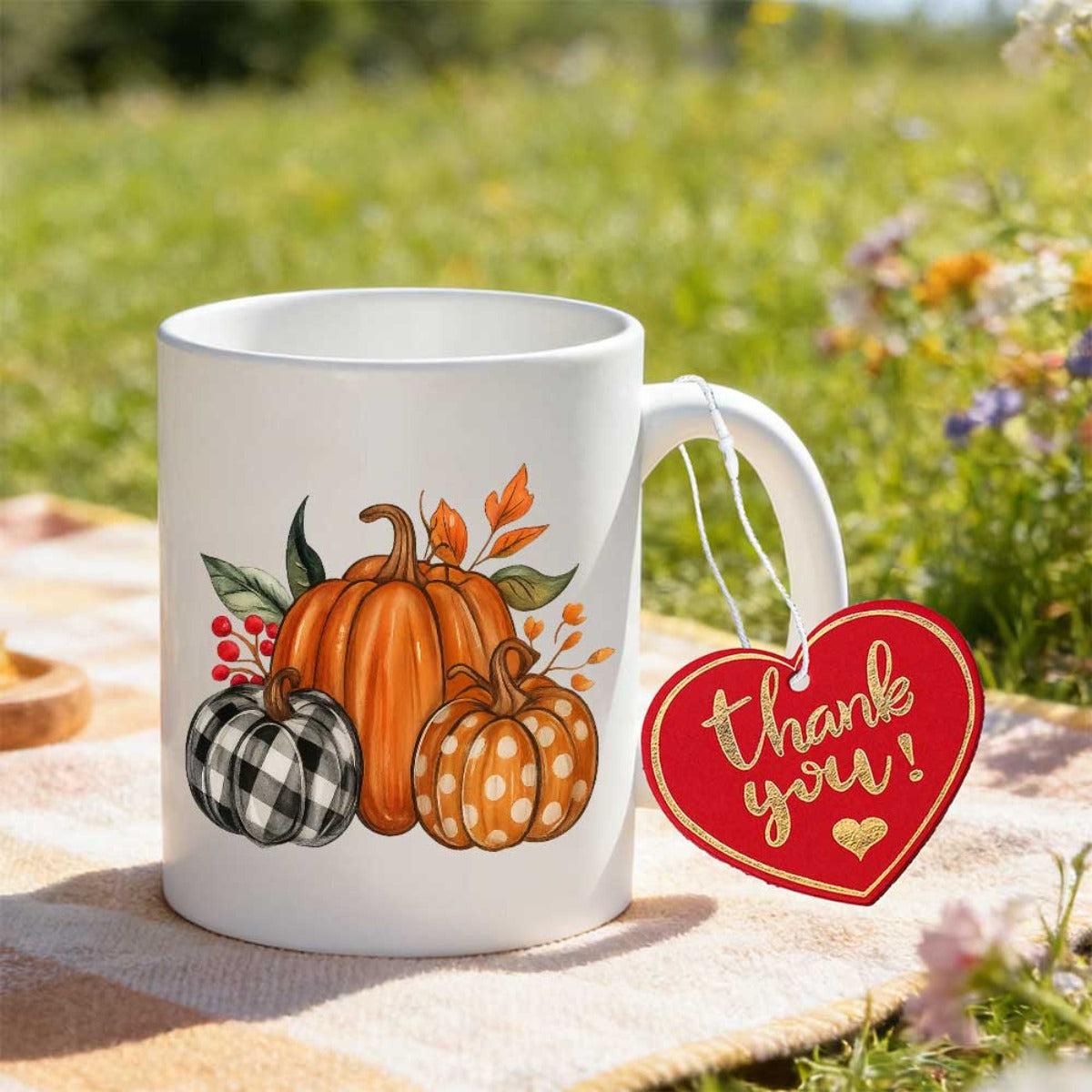 Tailorly White Ceramic 11 oz Mug - checkered pumpkin leaf and berry pattern