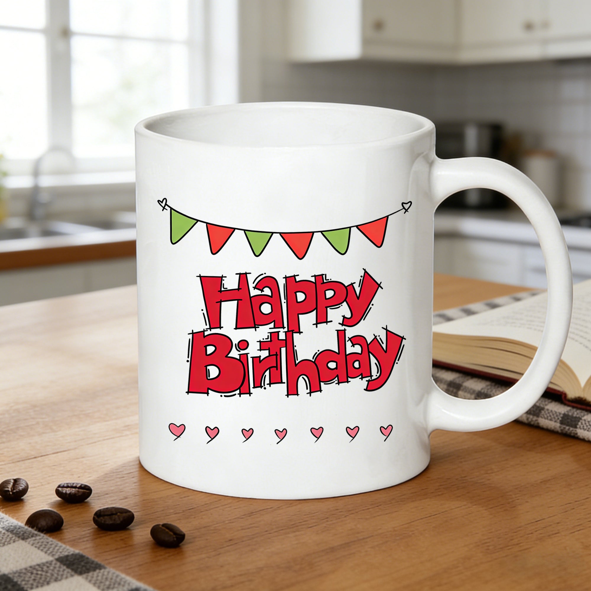 Tailorly White Ceramic 11 oz Mug - happy birthday red bunting fun cartoon birthday print
