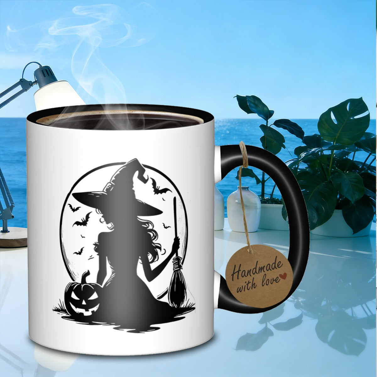 Tailorly Black Accent 11 oz Mug - witch silhouette， bats， pumpkin