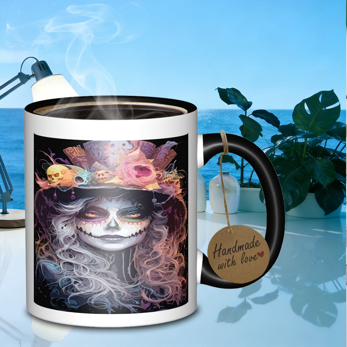 Tailorly Black Accent 11 oz Mug - sugar skull lady portrait