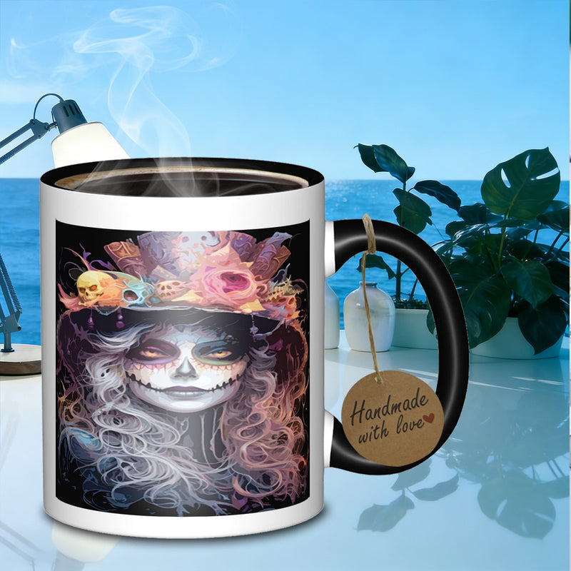 Tailorly Black Accent 11 oz Mug - sugar skull lady portrait