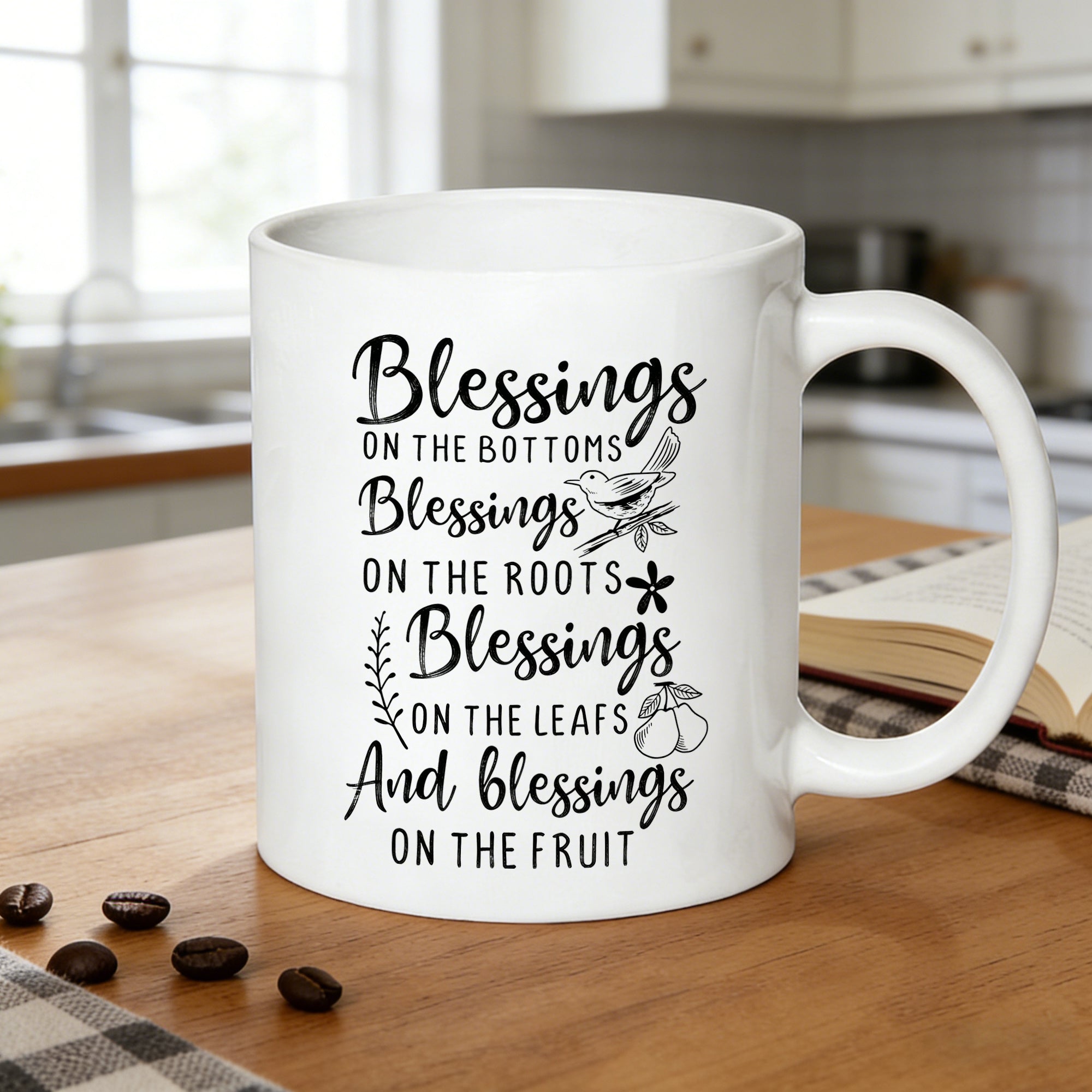 Tailorly White Ceramic 11 oz Mug - roots leaves fruit bird floral print
