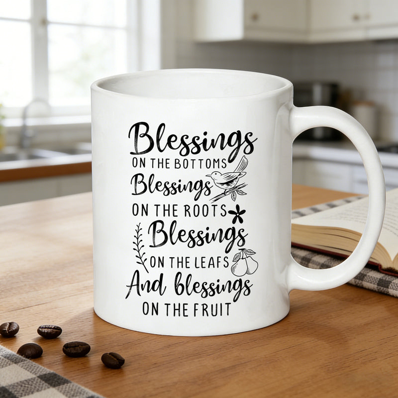 Tailorly White Ceramic 11 oz Mug - roots leaves fruit bird floral print